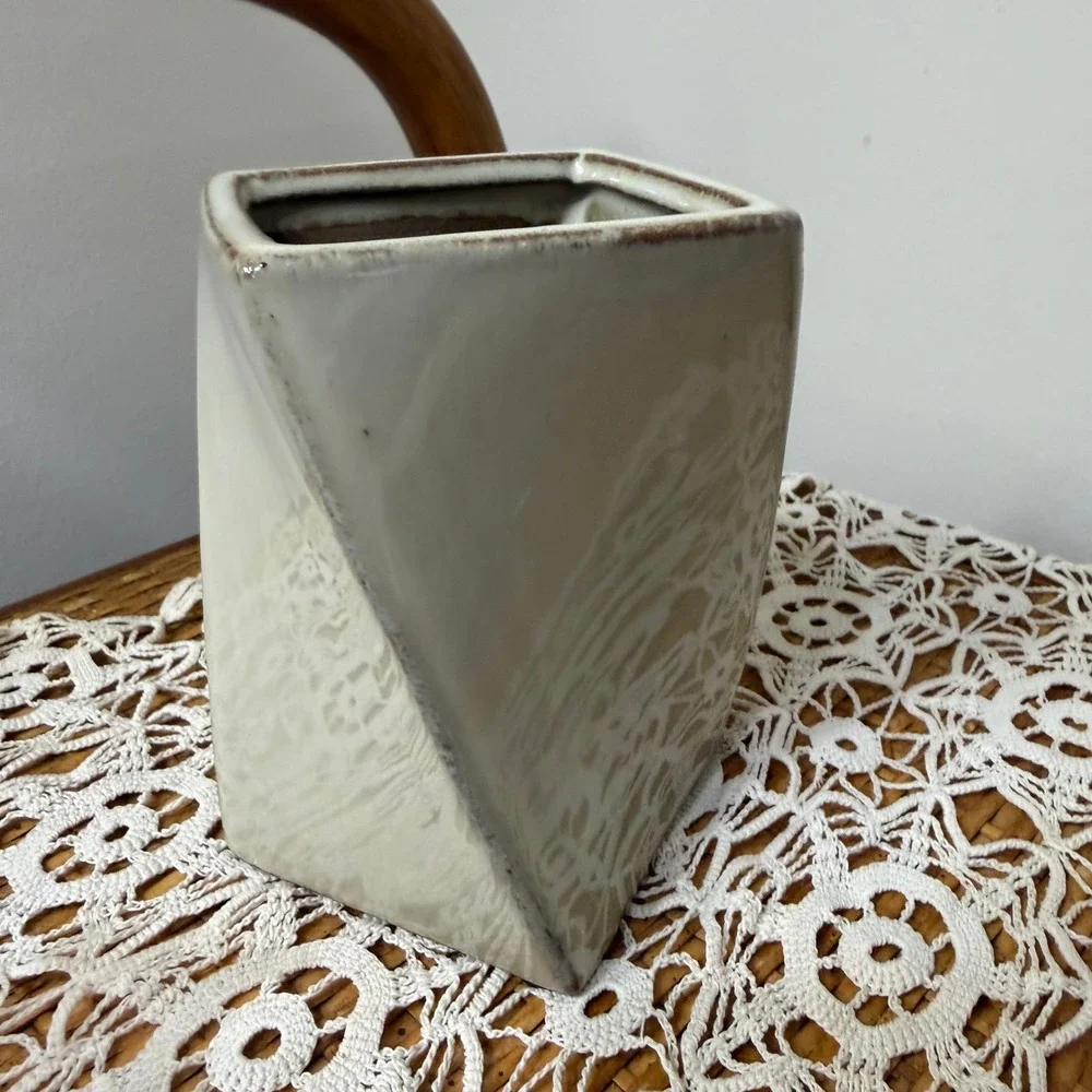 Modern Asymmetric Ceramic Vase Ivory Bronze Drip Glaze Geometric Wedge Decor